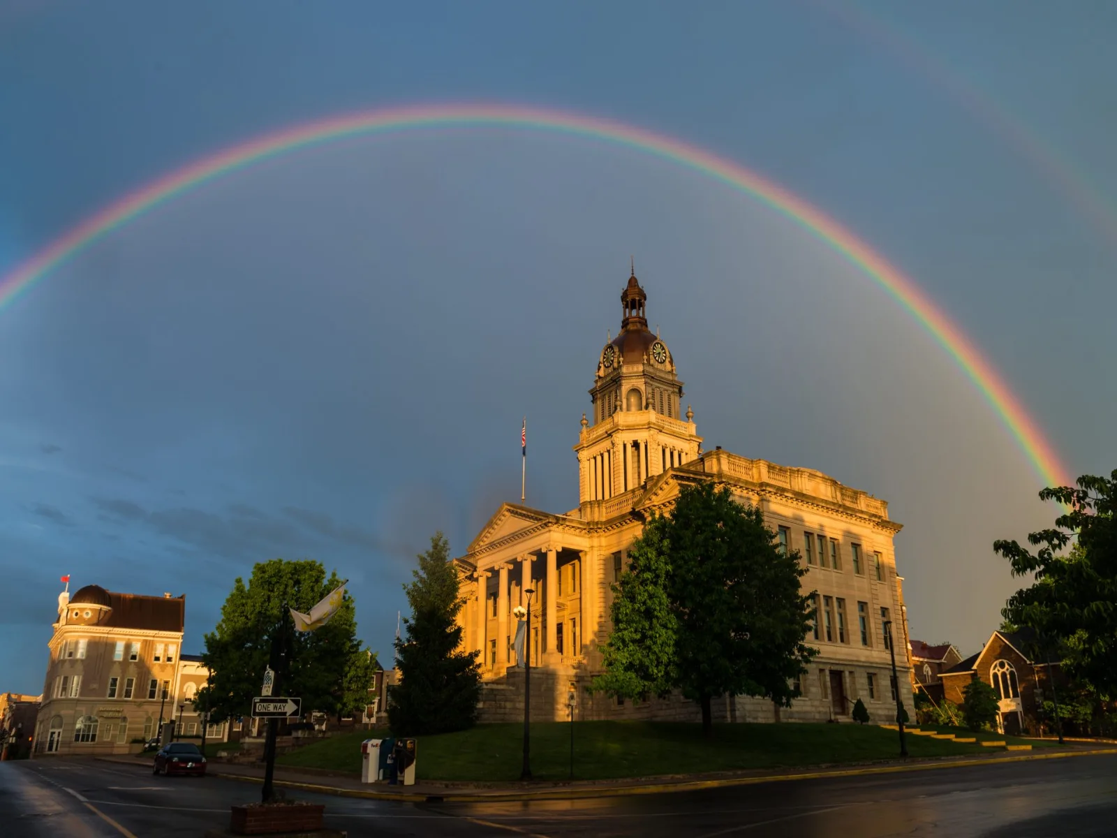Bourbon County Courthouse in downtown Paris with a rainbow overhead